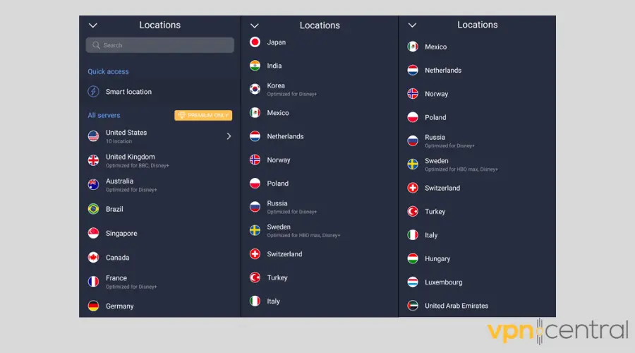 Sonics VPN server locations on Android