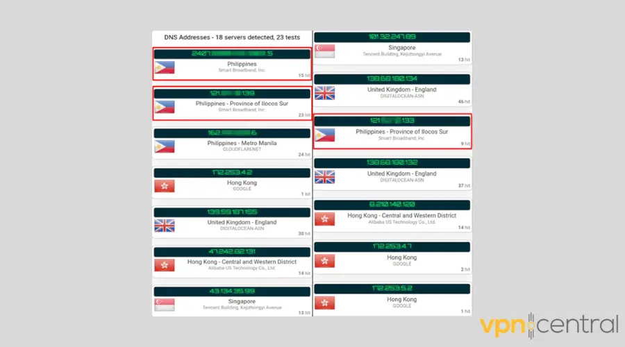 DNS leak test with Sonics VPN connected to the UK