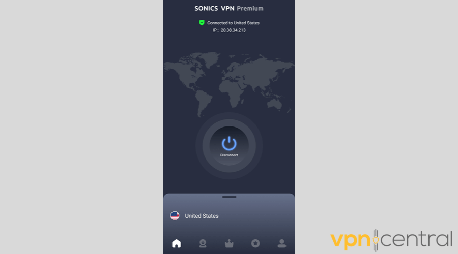Sonics VPN app dashboard