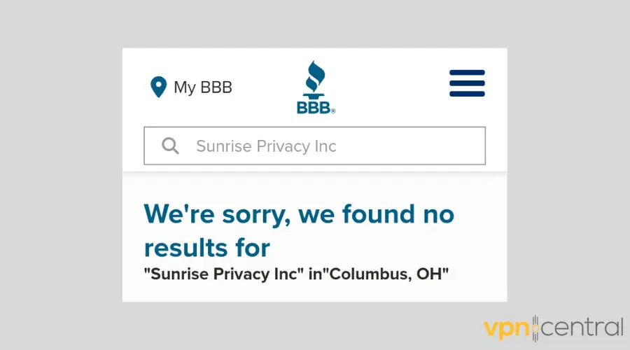 No information about Sunrise Privacy Inc on BBB