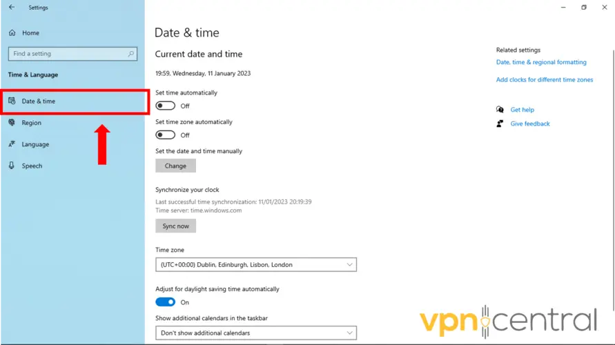 Windows Settings Date and Time