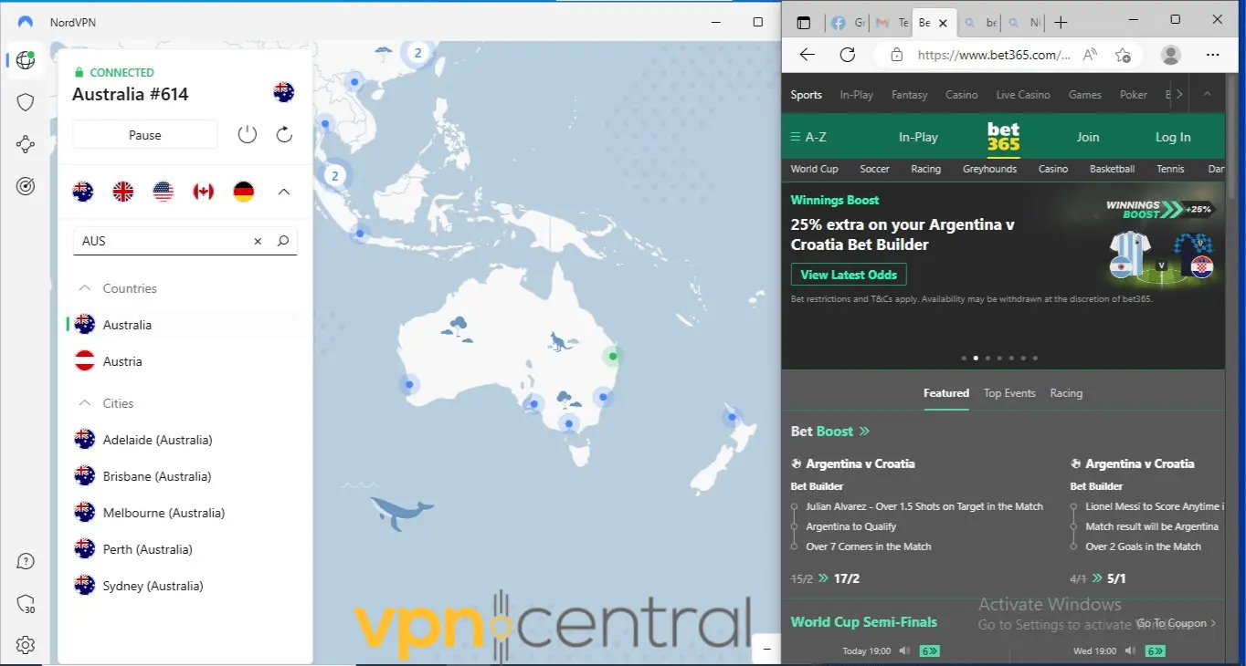 bet365 connected with nordvpn running