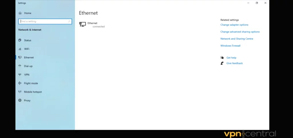 windows connected to ethernet