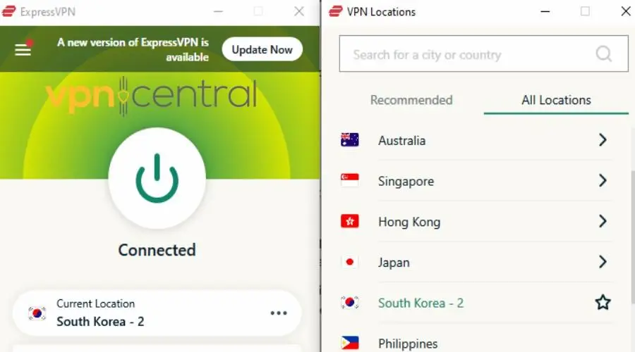 expressvpn connected to south korea server