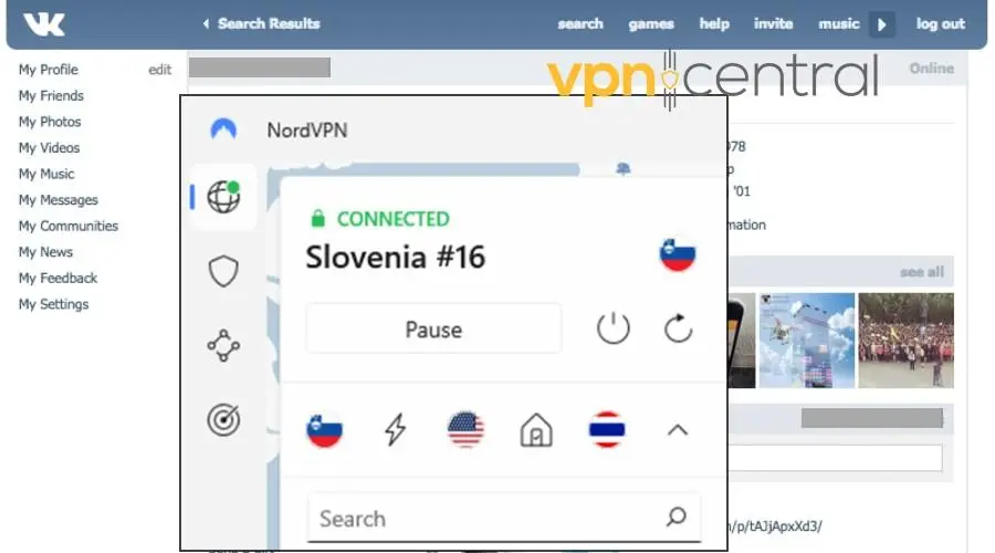 vk unblocked with nordvpn slovenia server