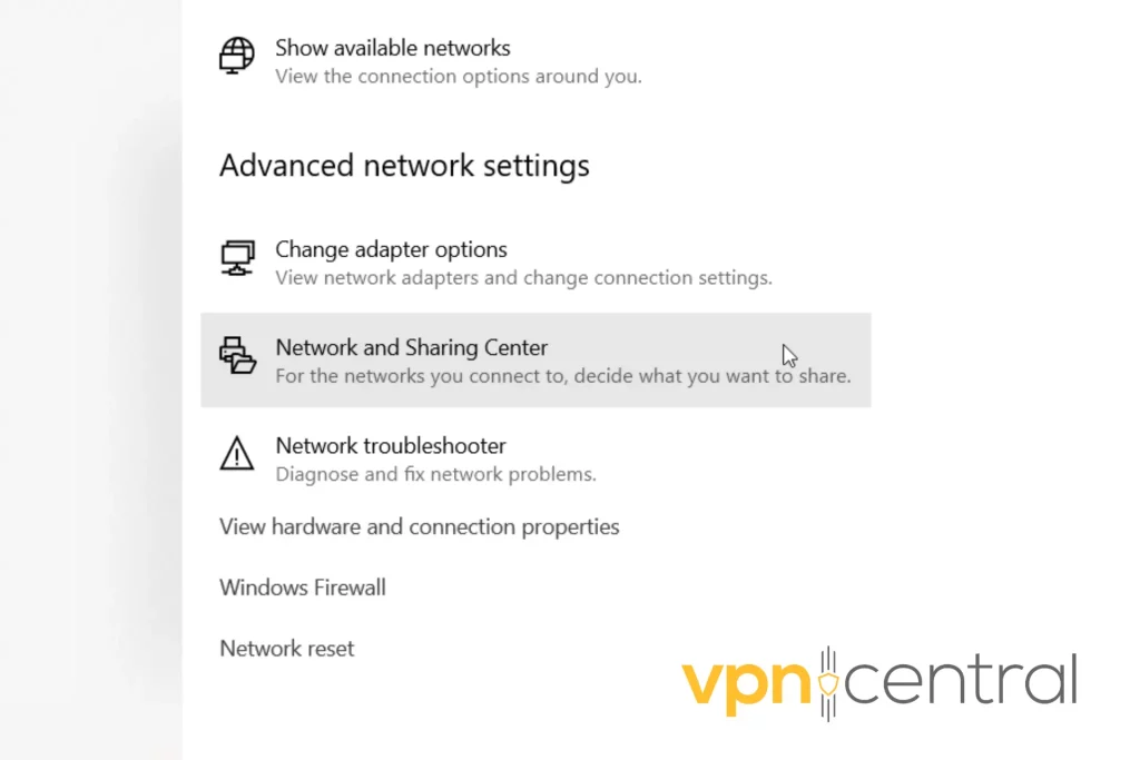 network and sharing center