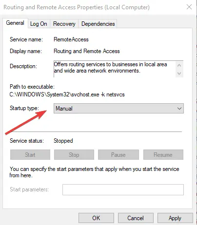 routing and remote access startup type manual