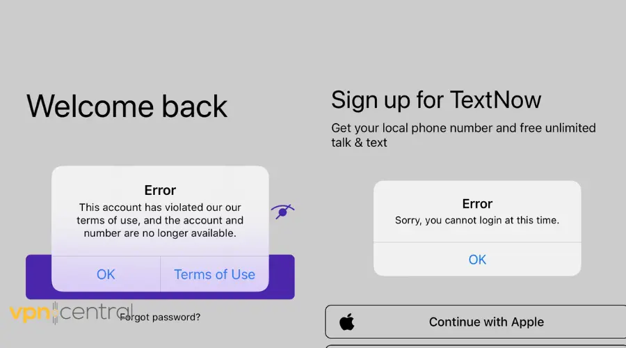 textnow not working with vpn error messages