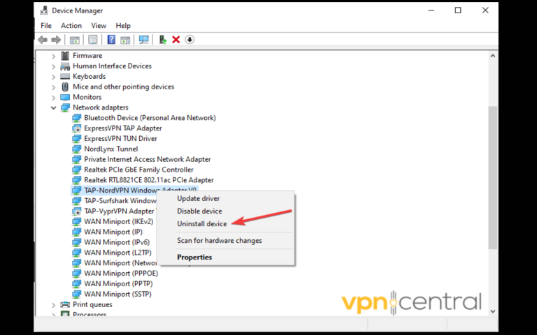 uninstall vpn network driver