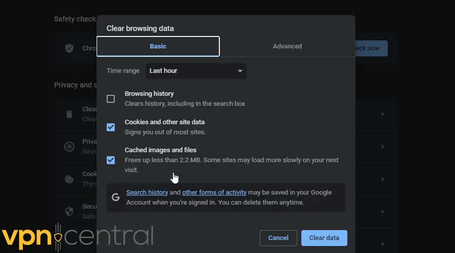 Google Chrome clear browsing data menu