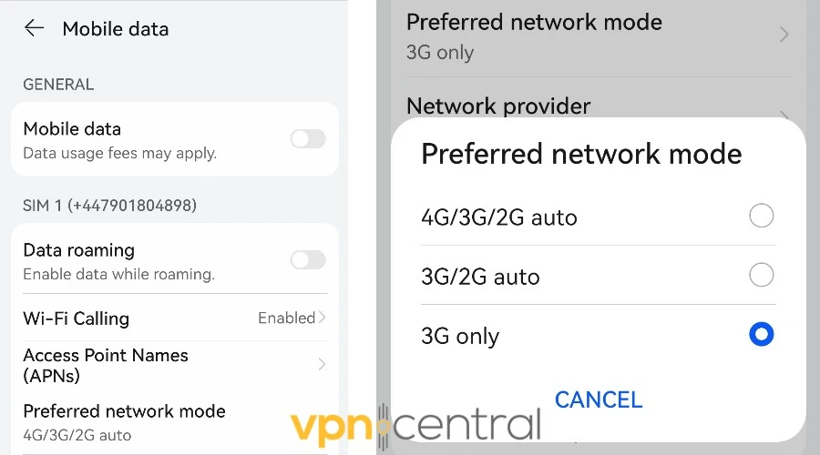 Android preferred network mode 3G only