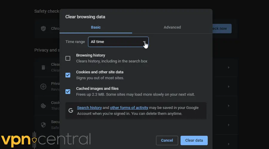 Google Chrome date range for clearing browsing data