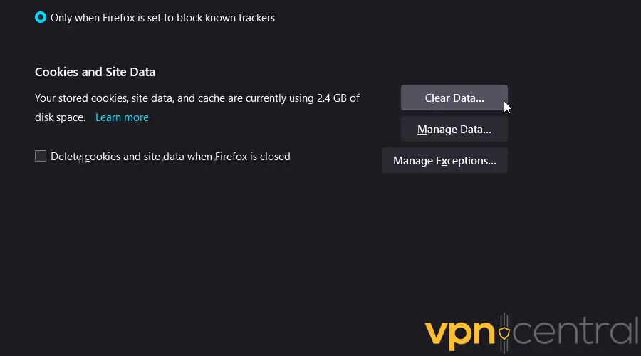 Firefox Cookies and Site Data