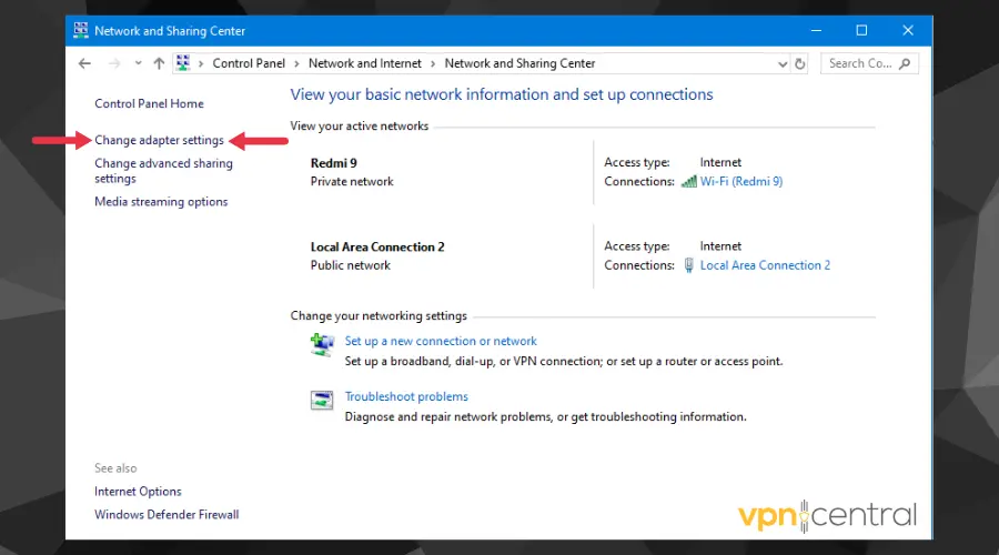 windows change adapter settings