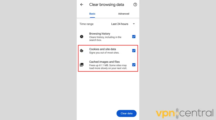 Chrome on Android Clear browsing data Cookies and Cached Files
