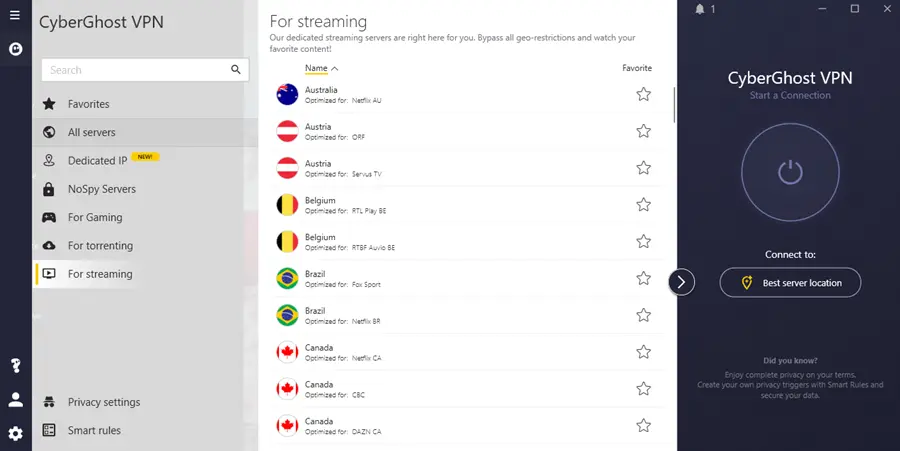 CyberGhost streaming server options
