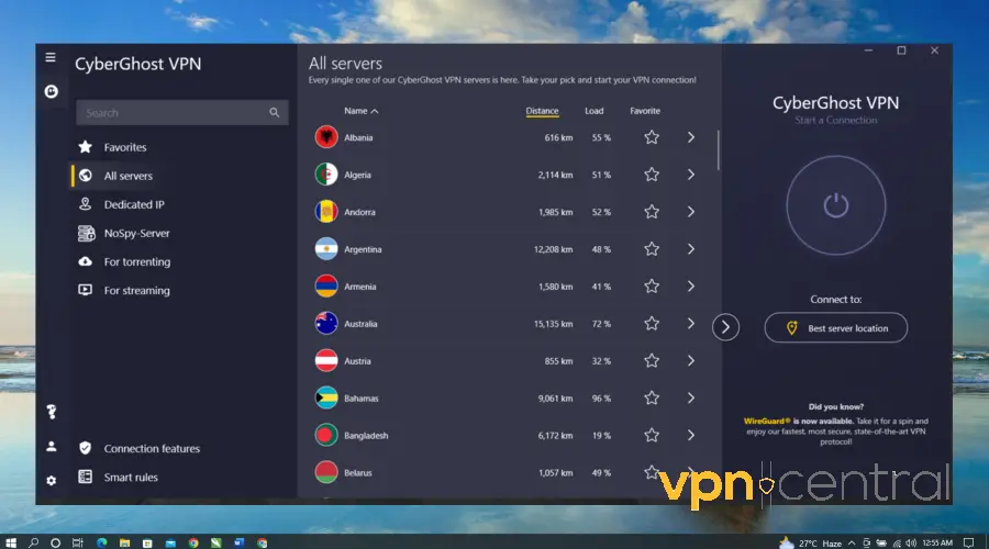 cyberghost vpn user interface on pc