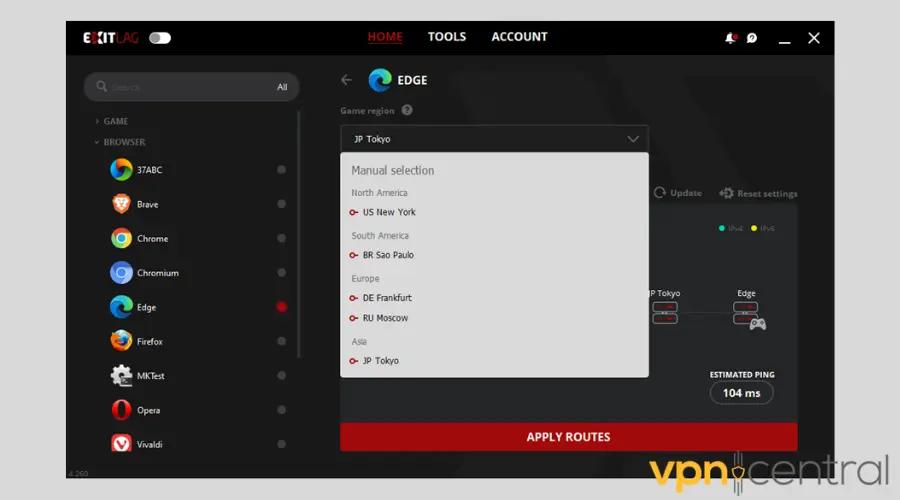 ExitLag game region options for Edge