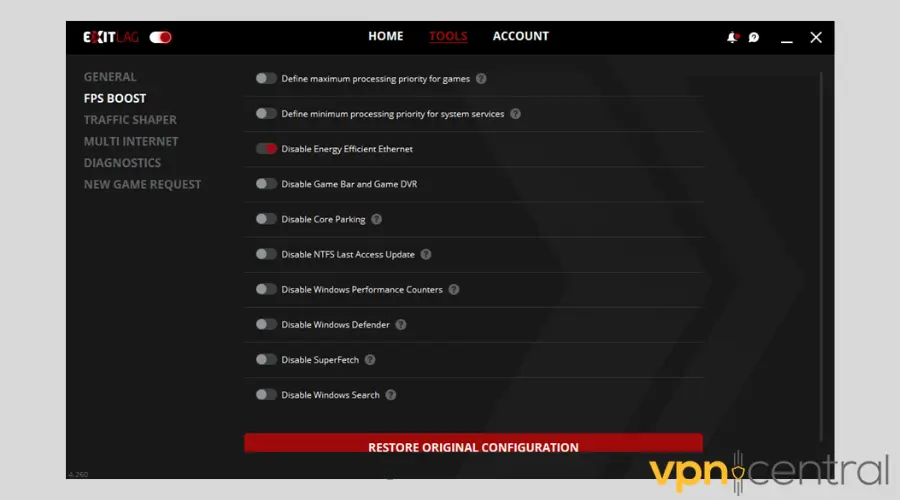 ExitLag FPS Boost settings