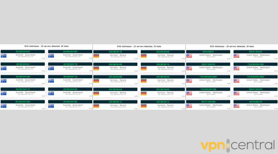 ExpressVPN masked Australian, German, and American DNS addresses