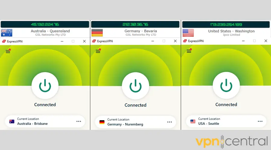 ExpressVPN masked Australian, German, and American IPs