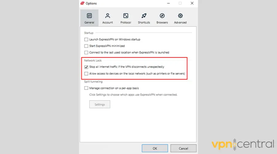 ExpressVPN Network Lock settings
