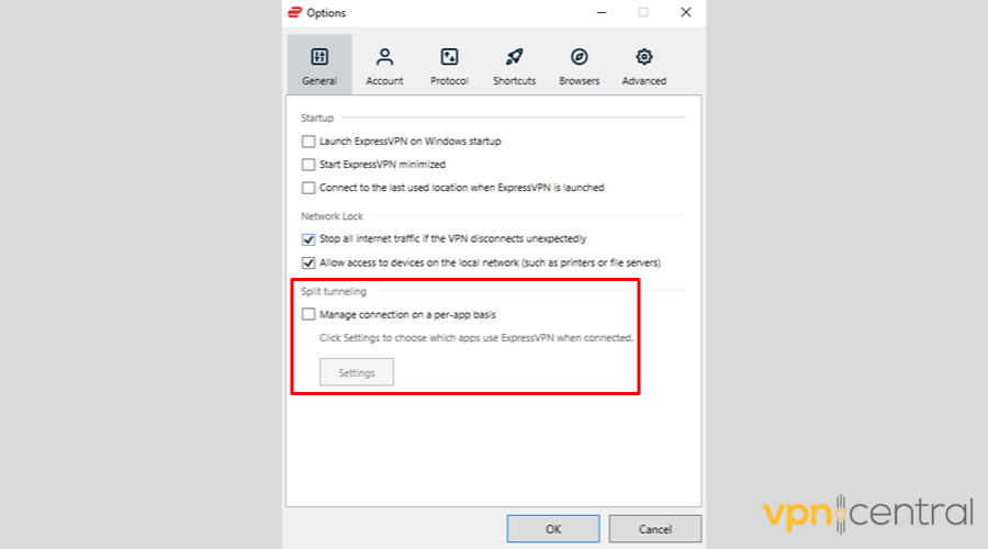 ExpressVPN split tunneling settings