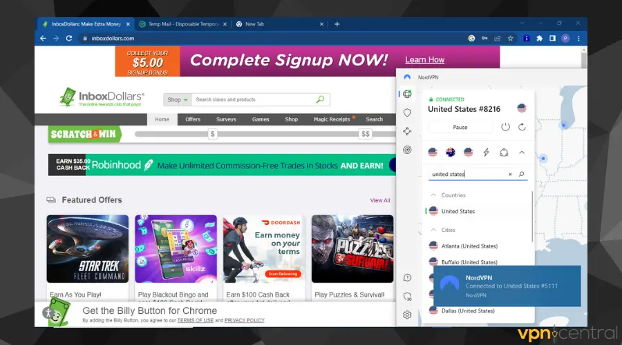 inboxdollars working with nordvpn connected