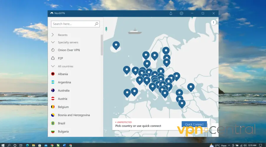 nordvpn user interface on pc