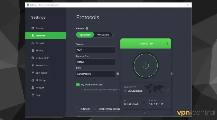private internet access connected to vpn server in louisiana