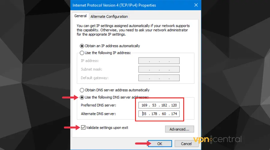 change dns address on windows