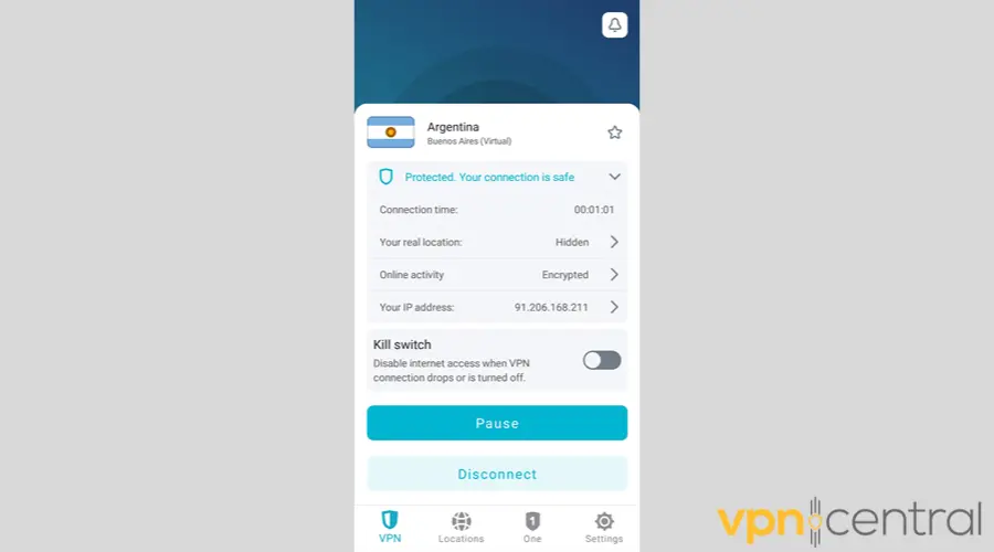 Surfshark VPN app dashboard