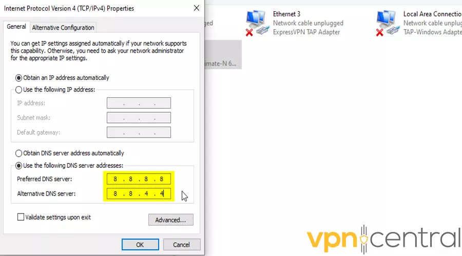 Use the following DNS server addresses