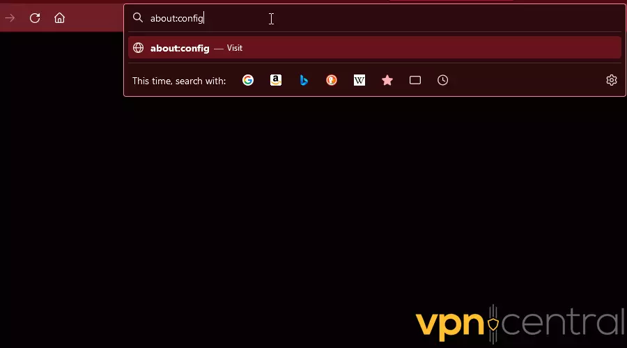 about:config in Firefox search bar