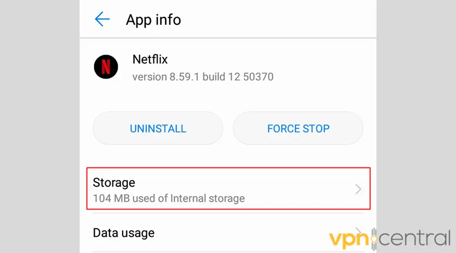 Netflix app data storage in Android settings
