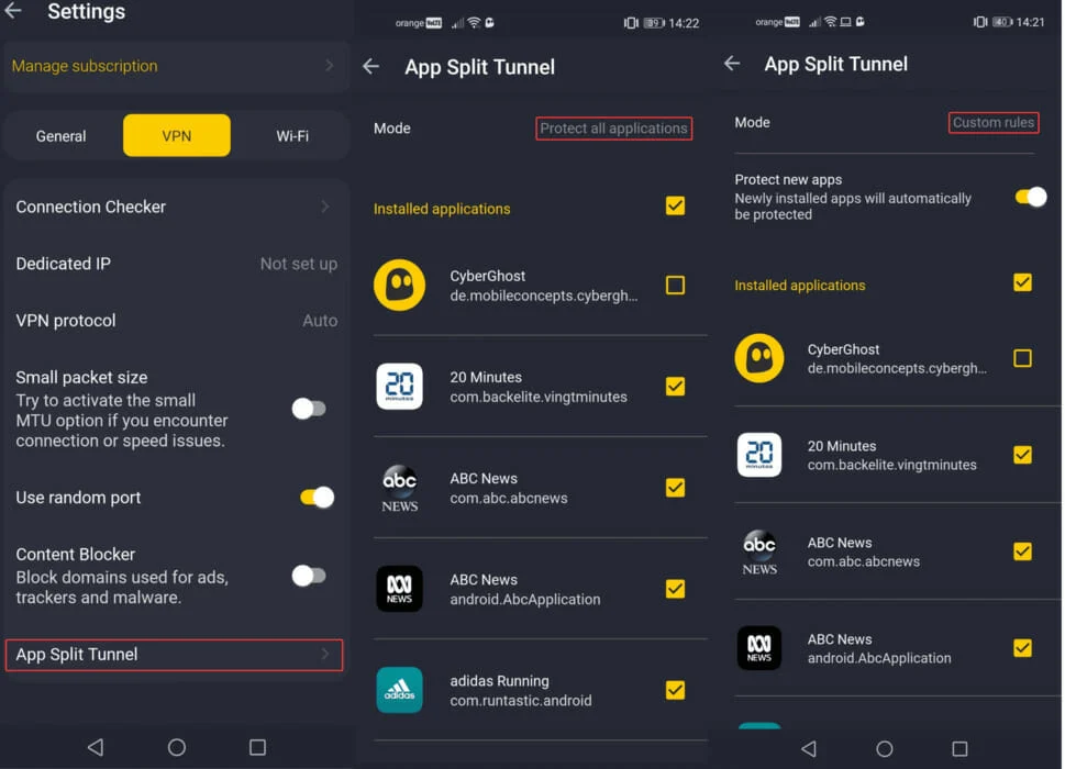 CyberGhost App Split Tunnel