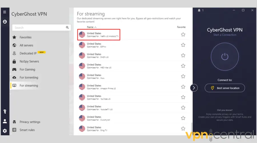 CyberGhost Netflix US servers