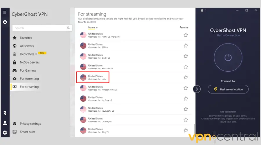 CyberGhost Hulu servers