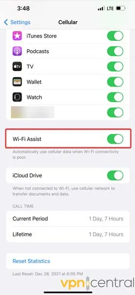 Disabling W-Fi Assist on iPhone