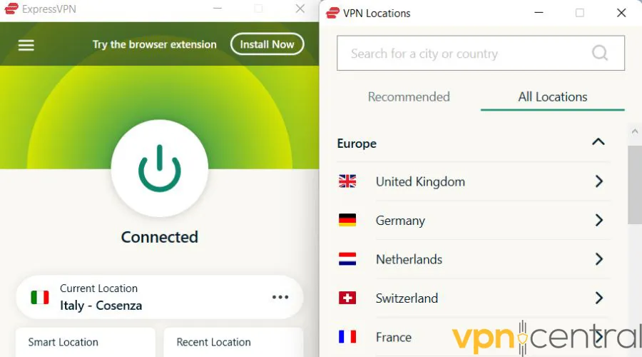 ExpressVPN user interface