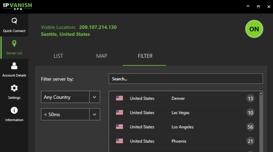 IPVanish Server List window