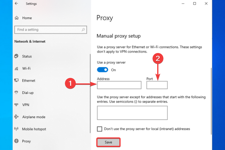 manual proxy address and port