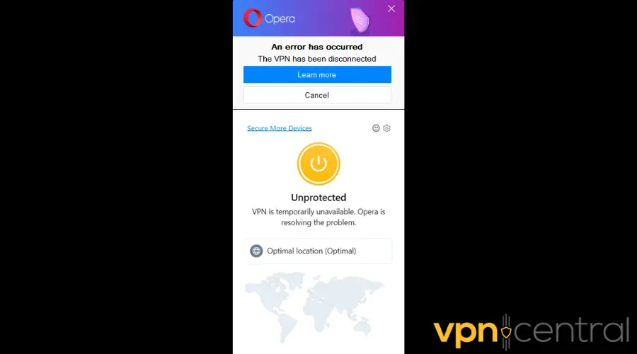 Opera VPN Pro error messages