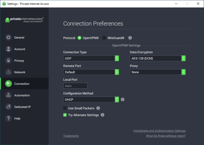 PIA Connection Preferences