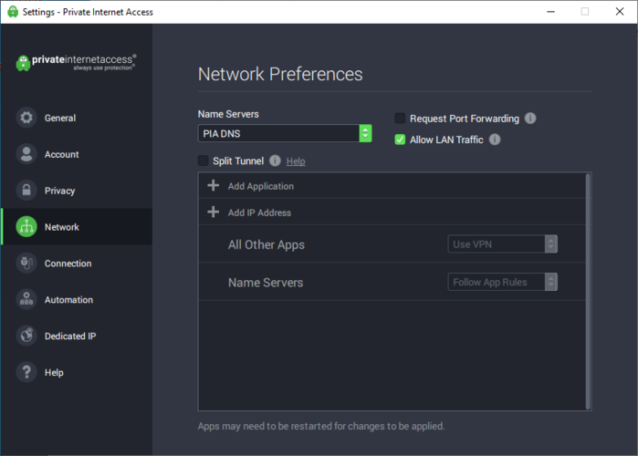 PIA Network Preferences