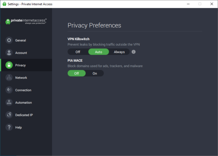 PIA Privacy Preferences