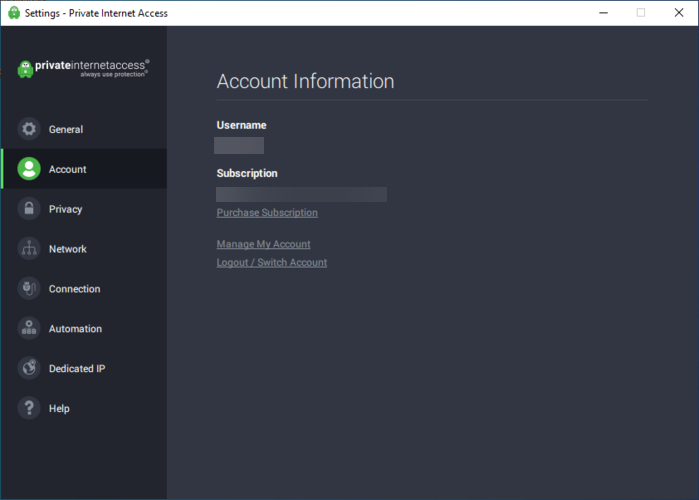 PIA settings account