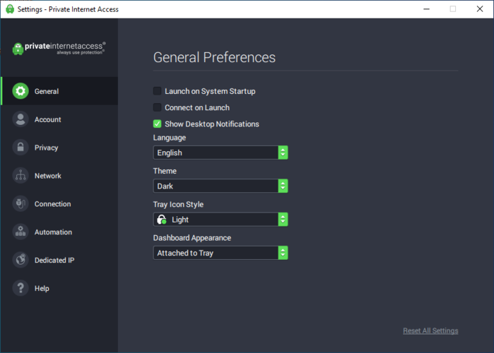 PIA settings general