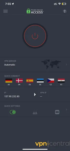 Private Internet Access iOS interface