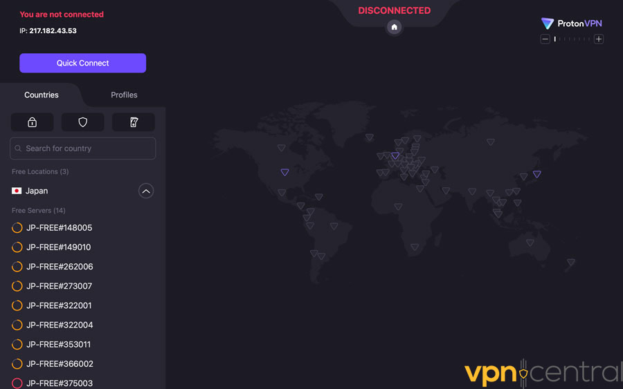Proton VPN showing server load